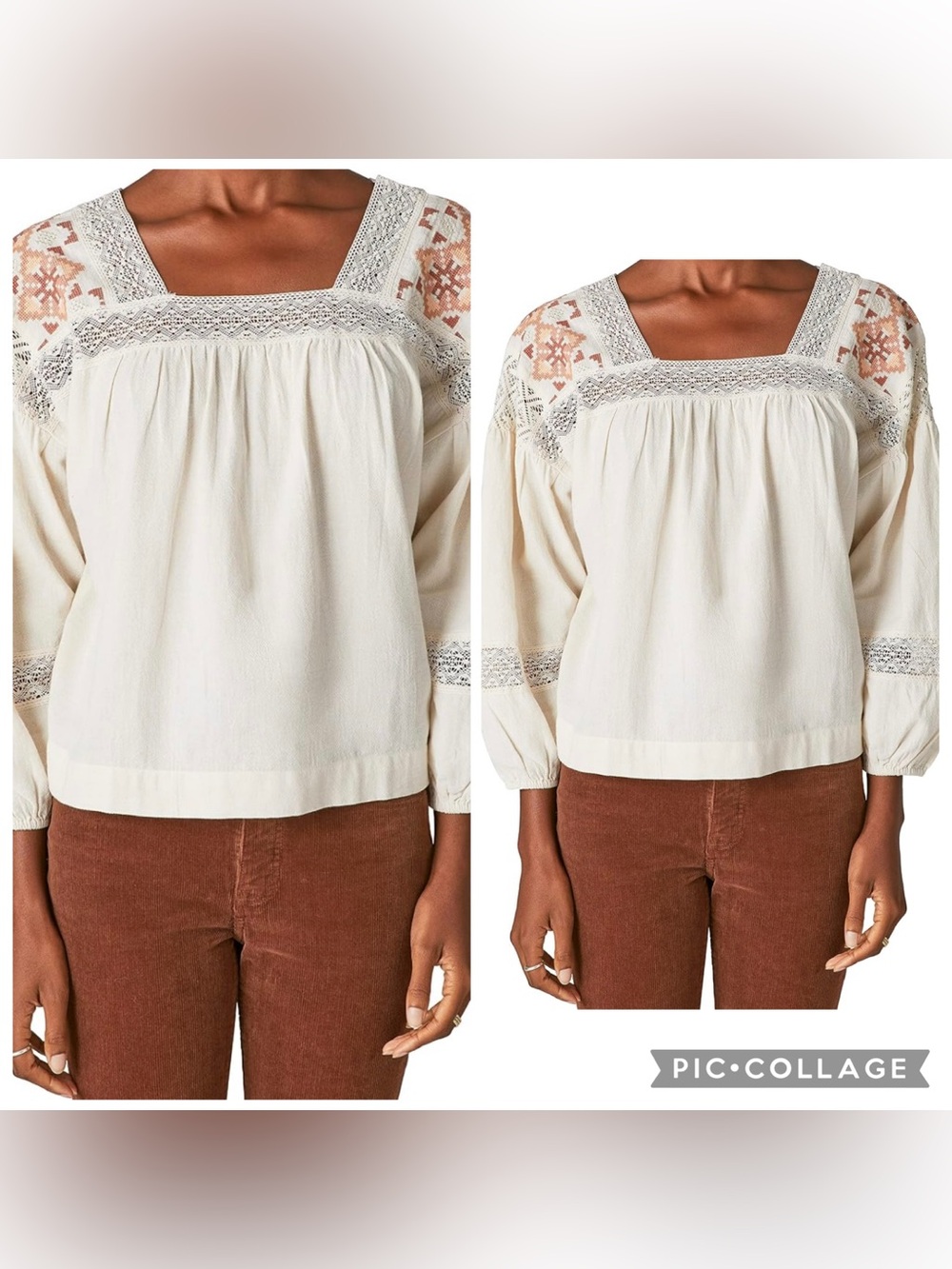 LUCKY BRAND Women’s Ivory Embroidered Shoulder 3/4 Sleeve Peasant Blouse Size L.